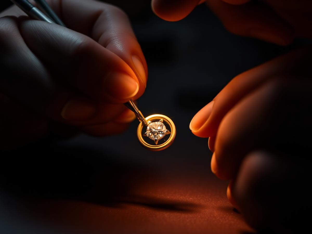 Master jeweler hand setting a diamond into a gold pendant